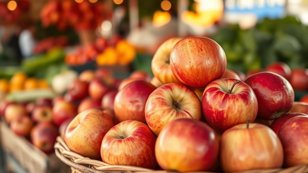 Vibrant honeycrisp apples in woven basket at farmers market setting, blurred background with other fresh produce, warm golden hour lighting, seasonal harvest abundance aesthetic