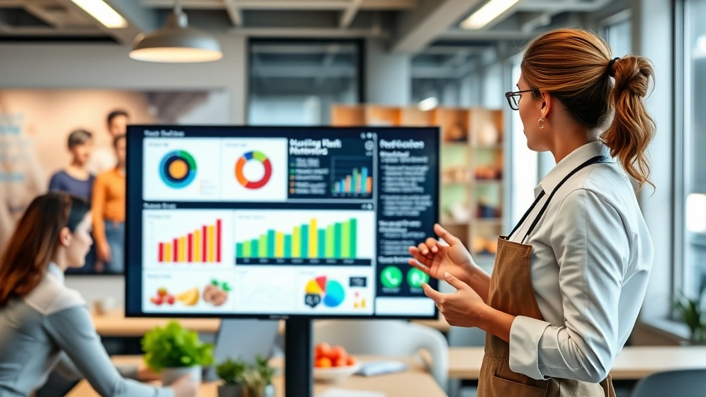 Nutrition professional presenting health data and wellness metrics on digital dashboard in corporate wellness center, collaborative environment with healthy lifestyle imagery, modern office setting