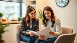 Professional female nutritionist in modern clinic office conducting consultation with patient reviewing food diary and nutrition plan, warm lighting, clinical yet welcoming environment