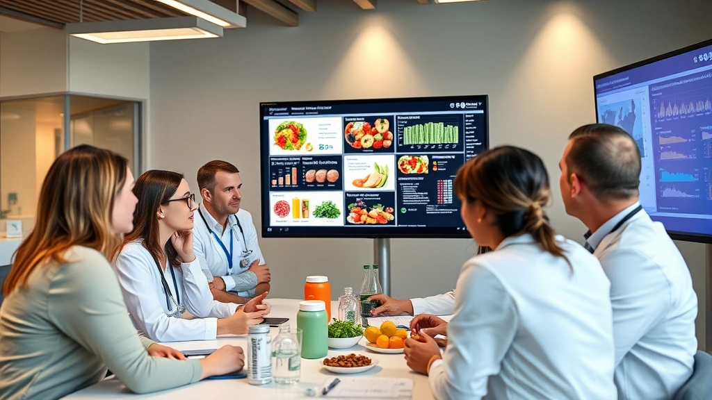 Diverse group of nutrition professionals collaborating at healthcare conference, reviewing nutrition research data on large monitor, engaged discussion, modern medical facility