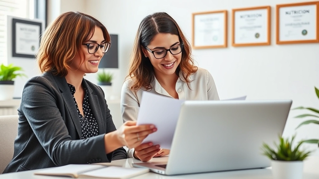 Career coach mentoring young dietitian professional during resume review session, both studying laptop screen, bright office setting with nutrition certification diplomas visible on wall