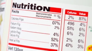 Close-up of a nutrition facts label on a cereal box, showing clear text for calories, macronutrients, and daily value percentages, bright natural lighting