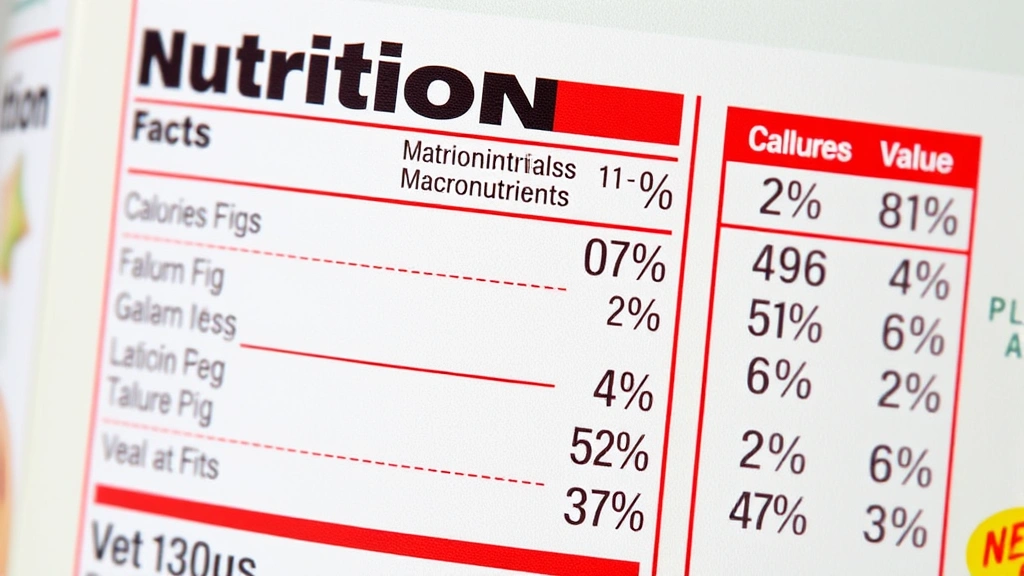 Close-up of a nutrition facts label on a cereal box, showing clear text for calories, macronutrients, and daily value percentages, bright natural lighting