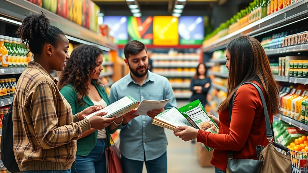 Diverse group of shoppers comparing food products in supermarket, reading nutrition labels carefully, realistic grocery store setting with colorful products