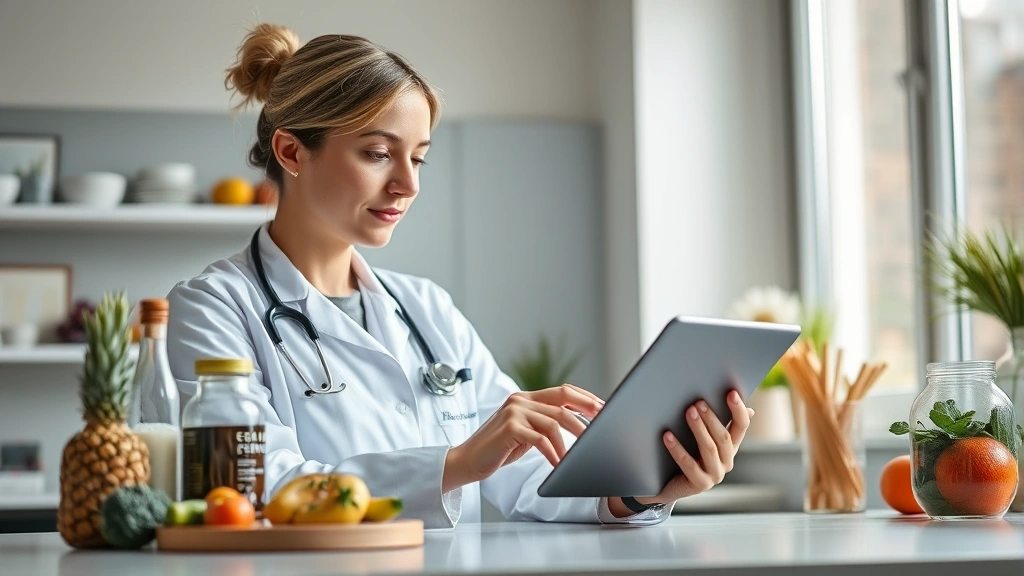 Nutritionist or dietitian reviewing nutrition data on tablet with ingredient bottles nearby, professional healthcare environment with natural lighting