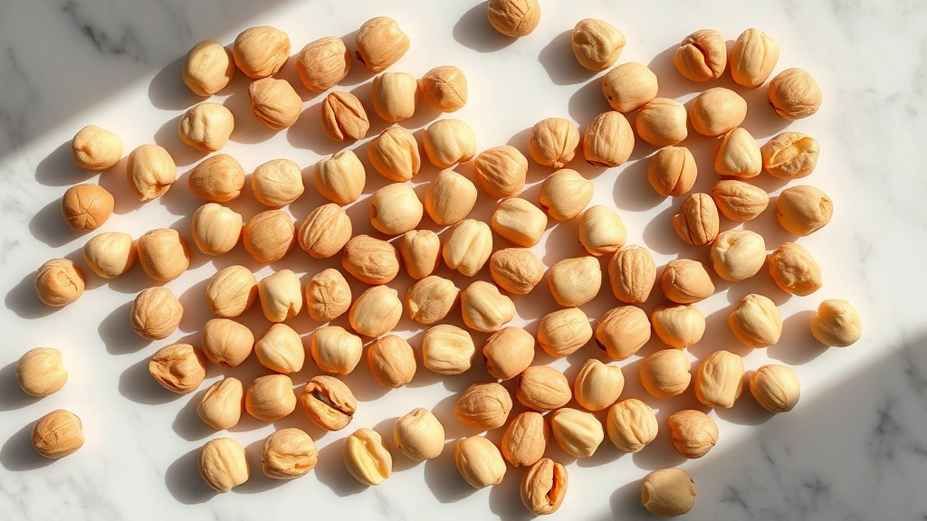 Overhead flat lay of whole macadamia nuts scattered on white marble surface with soft morning sunlight creating shadows, photorealistic food photography, no text or labels visible