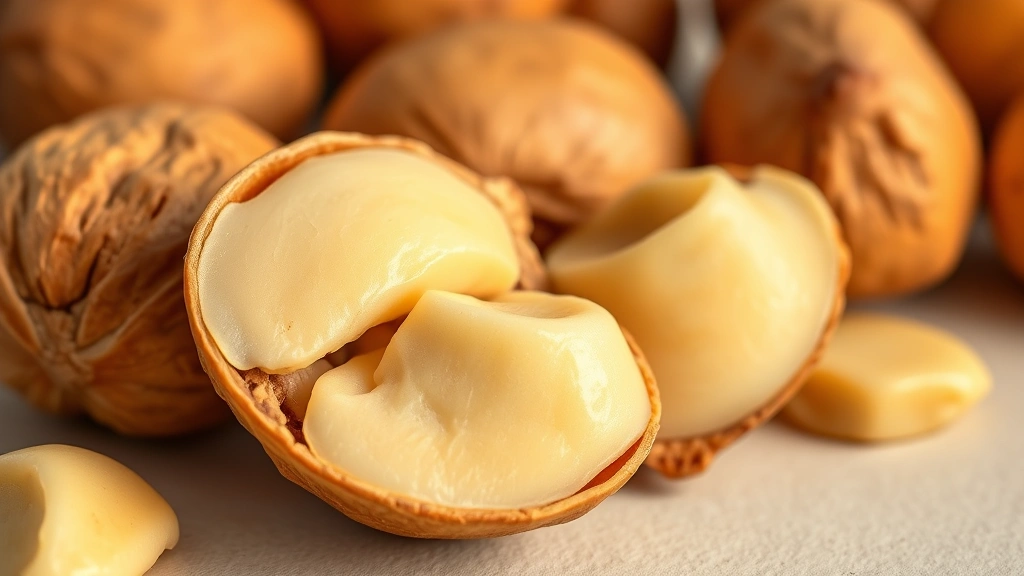 Close-up macro photography of macadamia nut halves showing creamy interior texture with warm golden lighting, isolated on neutral background, professional food styling, no text elements