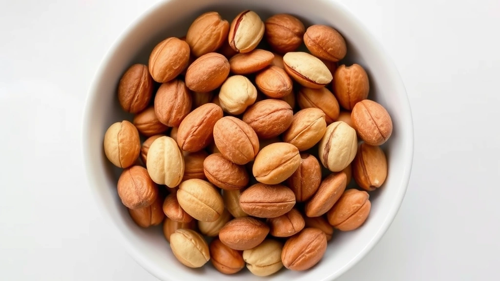 Artfully arranged handful of roasted macadamia nuts in white ceramic bowl photographed from above with natural diffused light, clean minimalist composition, no visible text or branding