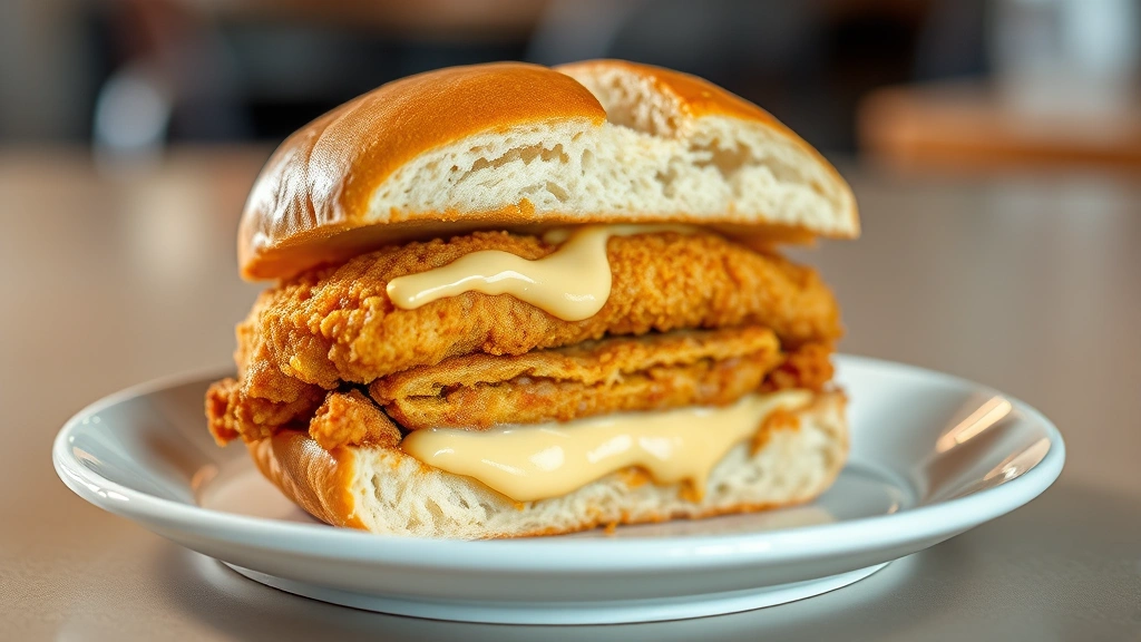 Close-up of crispy golden McChicken sandwich cross-section showing breaded chicken patty, mayo sauce, and bun layers on clean white plate with professional lighting