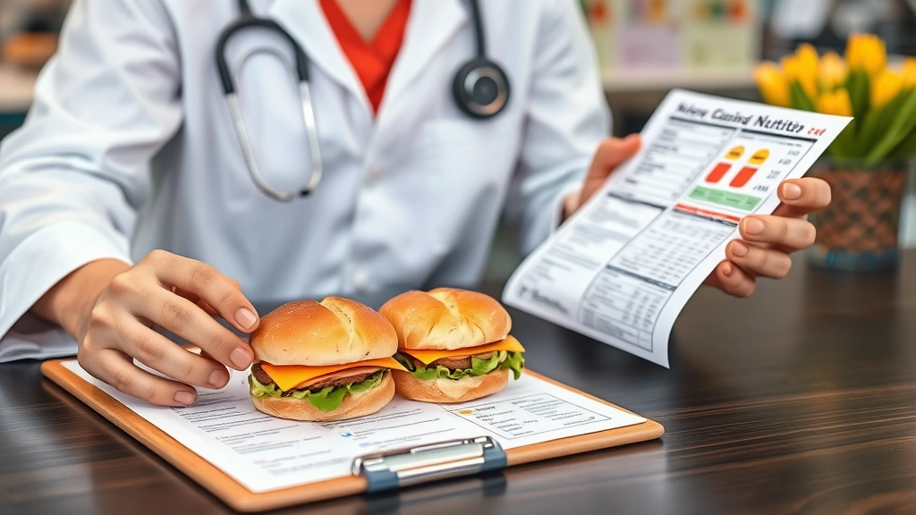 Dietitian reviewing nutrition labels on fast food sandwiches with analysis charts and healthy eating guides visible on clipboard and desk