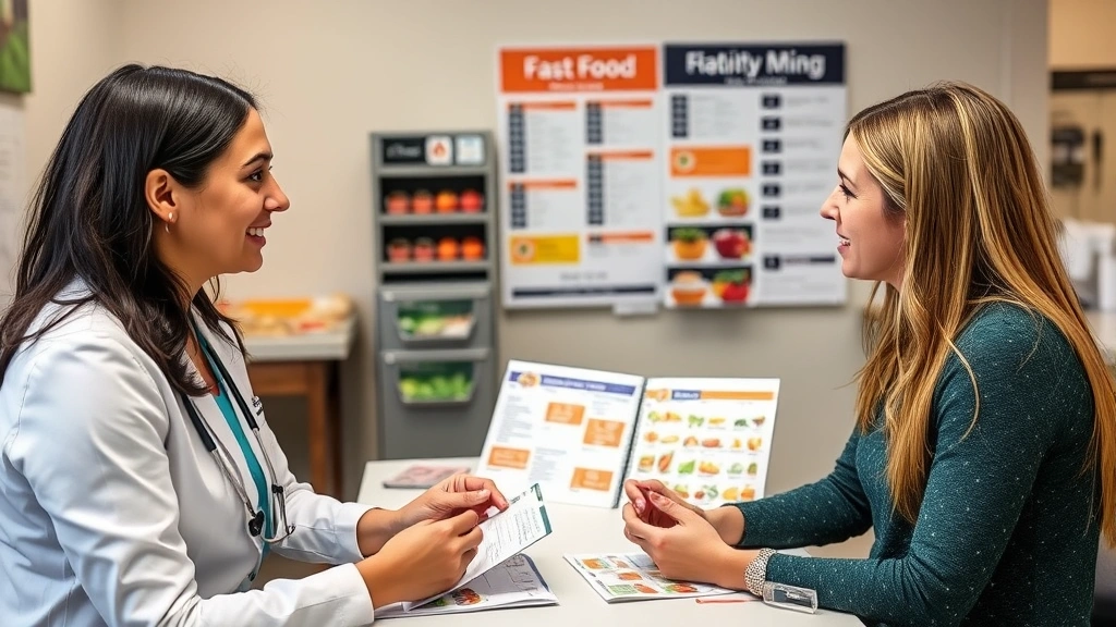Registered dietitian counseling diverse client about fast food choices with nutrition education materials and meal planning examples in clinical setting