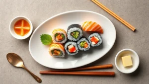 Overhead flat lay of assorted sushi rolls on white ceramic plate with chopsticks, pickled ginger, and wasabi, natural daylight studio photography, food styling focus