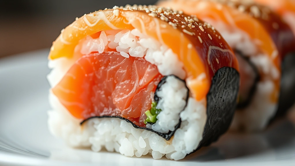 Close-up macro photography of fresh salmon sushi cross-section showing rice texture and fish detail, professional culinary photography with shallow depth of field