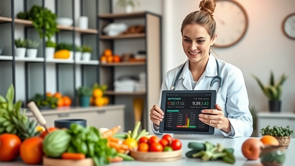 Nutritionist working at desk with tablet showing food data, colorful produce and healthy ingredients visible, modern wellness clinic environment, professional healthcare setting