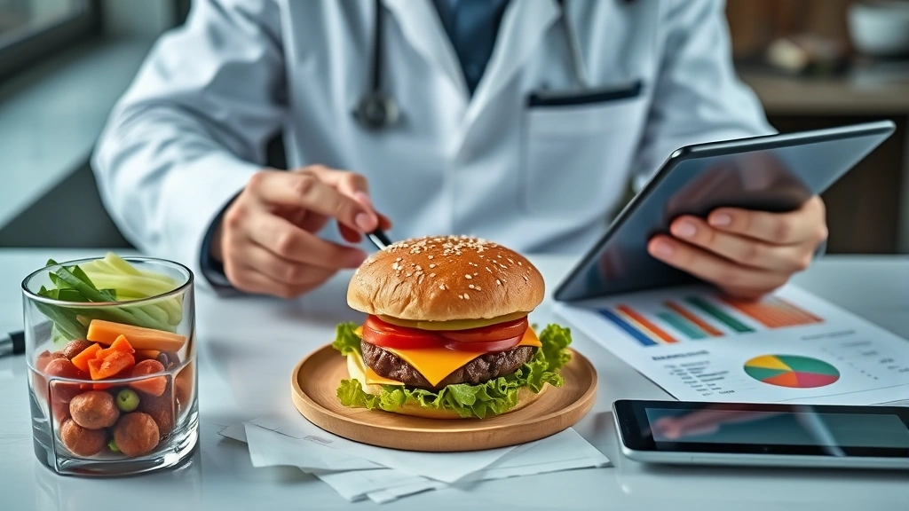 Professional nutritionist analyzing burger composition with nutrition data charts and healthy ingredients displayed on modern desk with tablet and meal planning documents