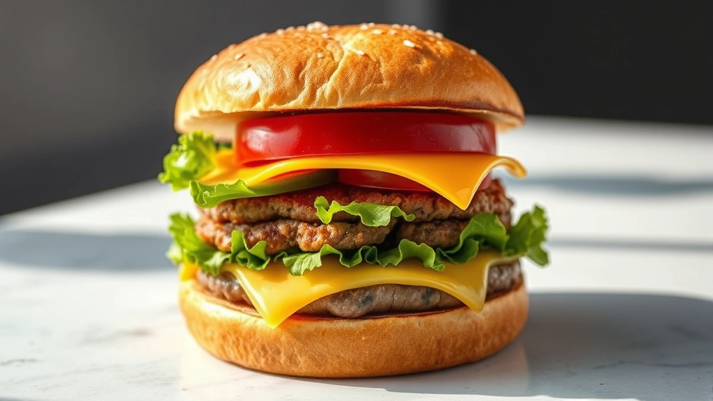 High-quality burger cross-section showing layers of beef patty, melted cheese, fresh vegetables on toasted bun in bright natural lighting with minimalist background