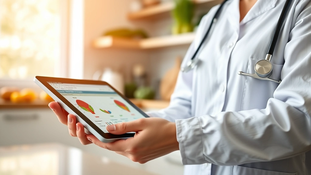 Dietitian analyzing nutritional data on tablet, modern kitchen background, professional healthcare setting, warm natural lighting, close-up of hands reviewing nutrition information