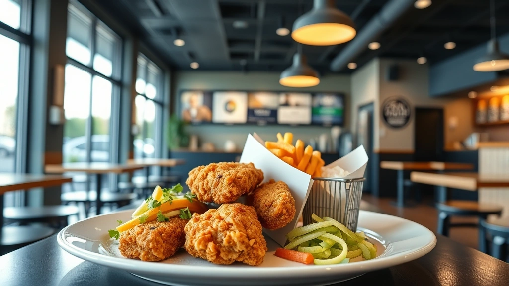 Fast-casual restaurant interior with chicken tender meal components displayed, minimalist plating, professional food photography, natural daylight through windows, modern casual dining aesthetic