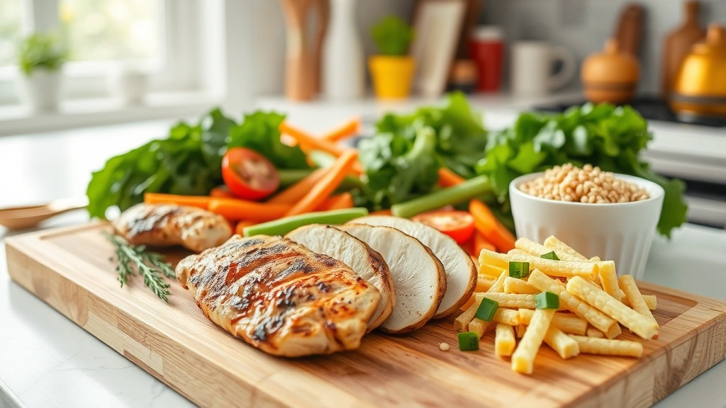 Healthy meal preparation scene with grilled chicken, fresh vegetables, and whole grains on wooden cutting board, bright kitchen environment, nutritionist's workspace with measurement tools visible