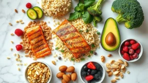 Overhead flat lay of colorful whole foods including grilled salmon, quinoa, broccoli, avocado, berries, and nuts on white marble countertop with natural window lighting, photorealistic, no text or labels visible