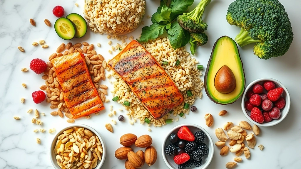Overhead flat lay of colorful whole foods including grilled salmon, quinoa, broccoli, avocado, berries, and nuts on white marble countertop with natural window lighting, photorealistic, no text or labels visible