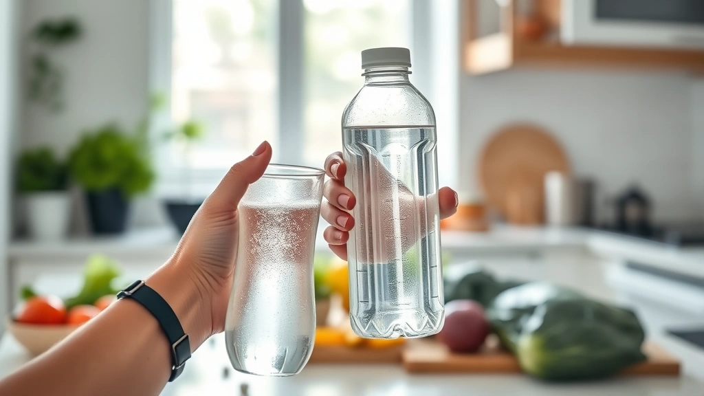 Person holding a water bottle with fresh vegetables and lean proteins visible in blurred background on kitchen counter, natural daylight streaming through window, professional nutrition photography style, no visible text