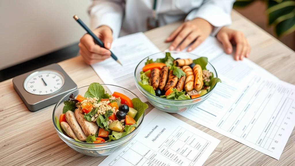 Nutritionist reviewing meal plan notes with healthy food bowls containing mixed salad, grilled chicken, and whole grains on desk with measurement scale nearby, warm professional lighting, no visible text on documents