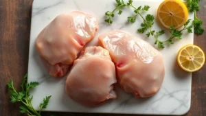 Close-up overhead shot of raw chicken thighs with skin glistening, arranged on a white marble cutting board with fresh herbs and lemon wedges nearby, professional food photography lighting