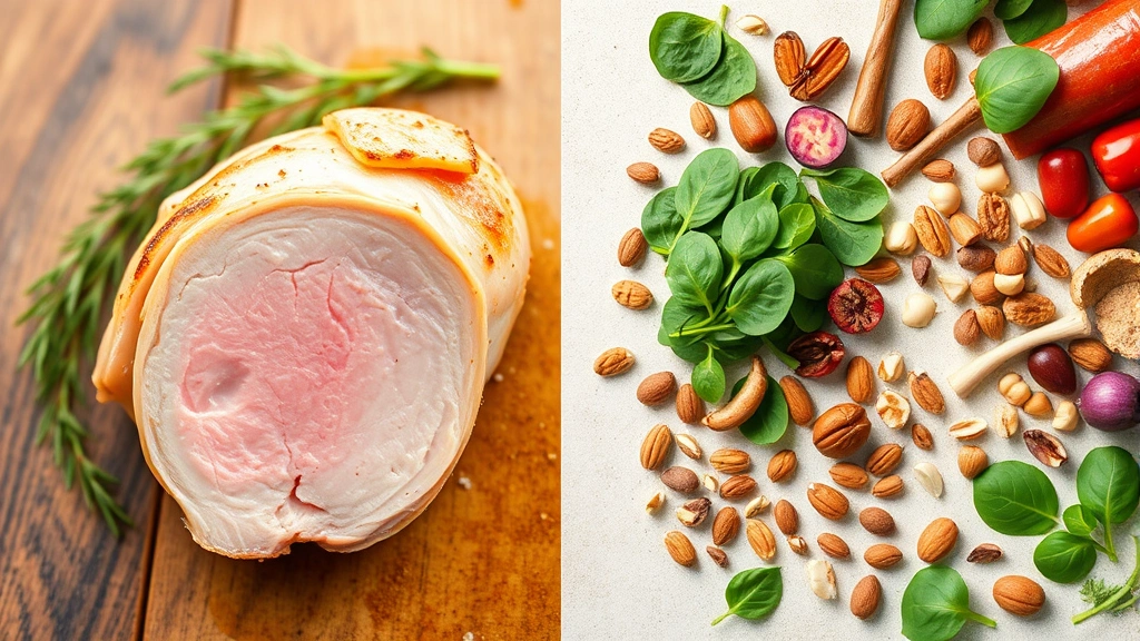 Split-screen nutritional comparison visualization: left side shows cooked chicken thigh cross-section revealing pink interior, right side shows various nutrient-rich foods like spinach, nuts, and vegetables arranged artfully on neutral background