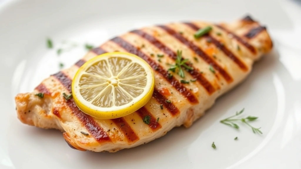Close-up of grilled chicken breast with fresh lemon and herbs on a minimalist white plate, soft natural lighting, modern food photography style, no text or labels visible