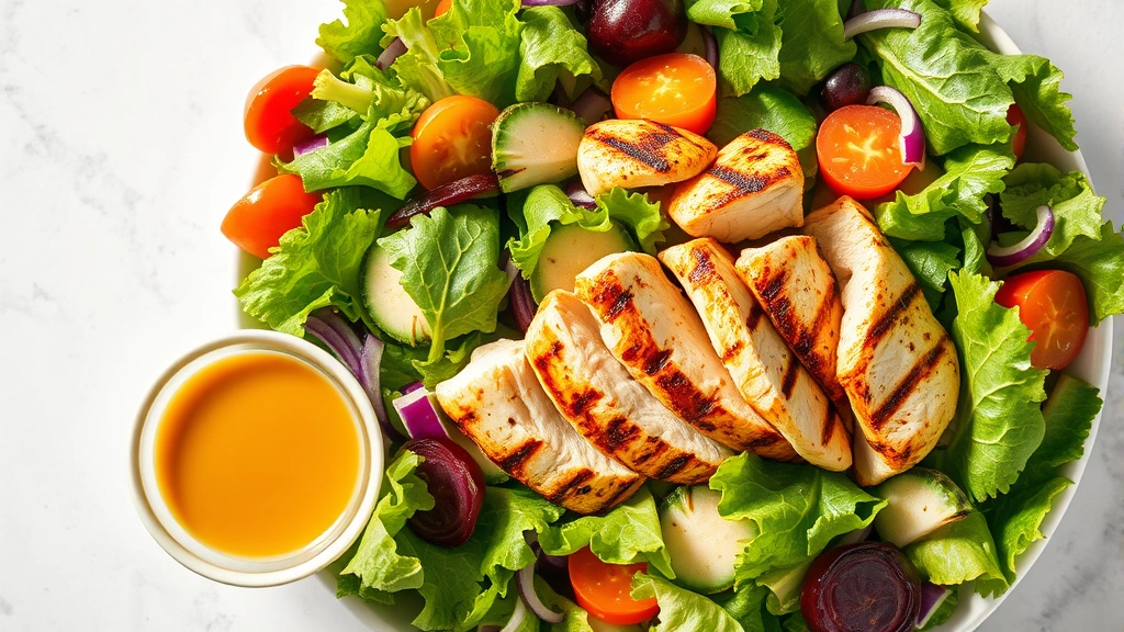 Overhead shot of a vibrant mixed green salad with grilled chicken strips, colorful vegetables, and dressing in small bowl, bright daylight, fresh and healthy aesthetic, no nutritional information visible