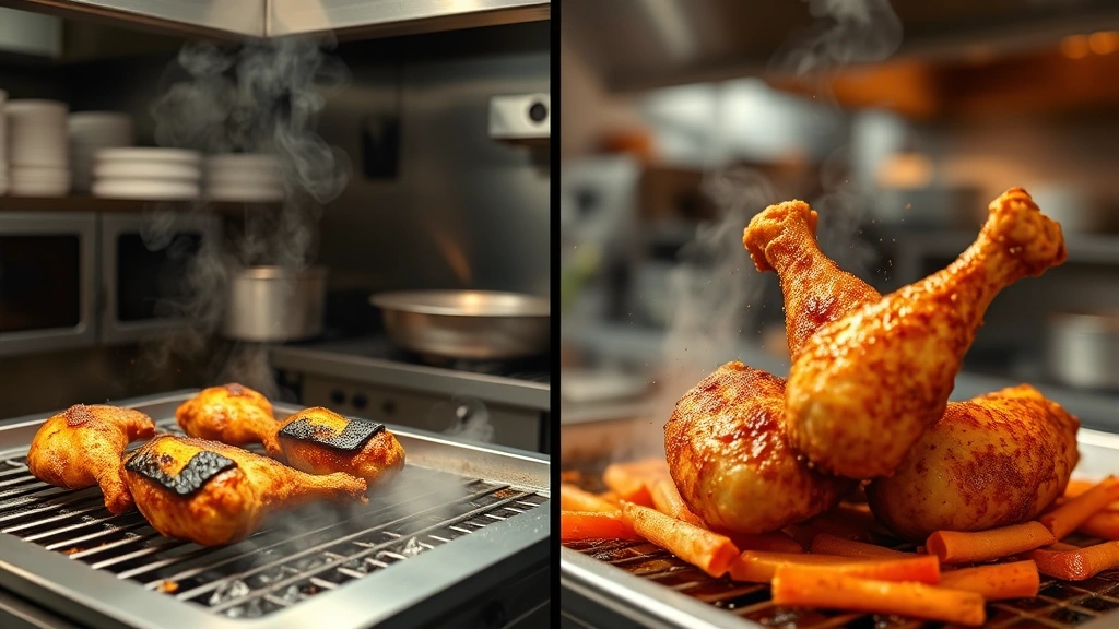 Split-screen comparison showing grilled versus fried chicken preparation methods in professional kitchen setting, steam and heat visible, dynamic food photography, no signage or menu text