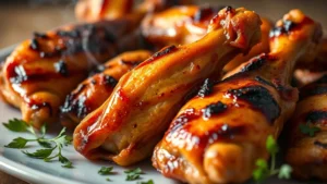 Close-up of glistening golden-brown grilled chicken wings on a plate with charred marks, steam rising, fresh herbs scattered nearby, professional food photography lighting, shallow depth of field