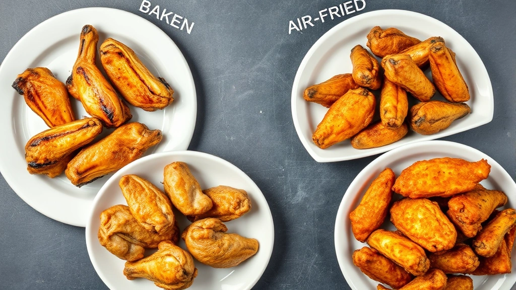 Overhead flat lay of four different chicken wing preparations displayed simultaneously: grilled golden wings, baked crispy wings, air-fried wings, and deep-fried wings on separate white ceramic plates, clinical nutritional comparison photography