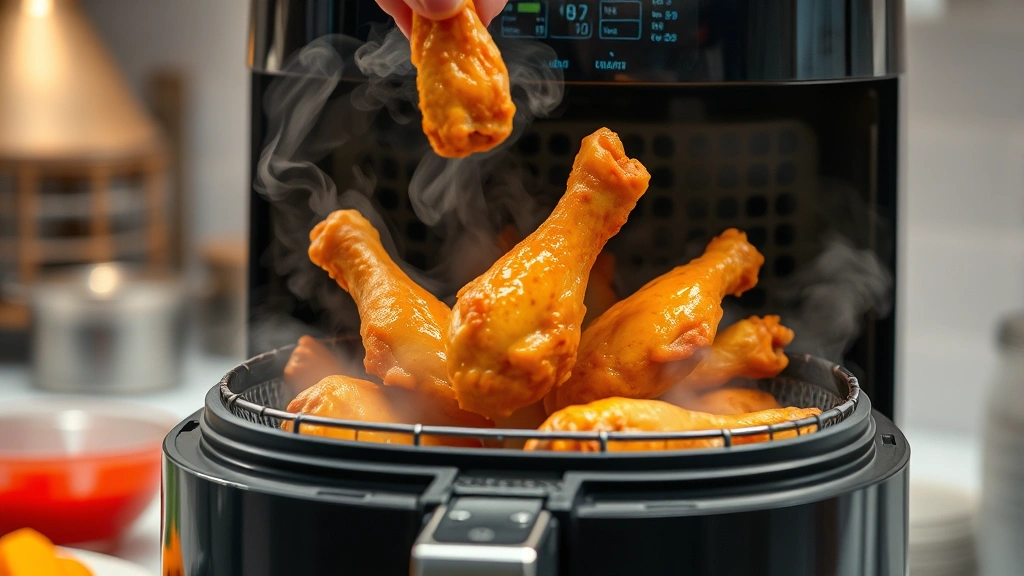 Action shot of chicken wings being removed from a modern air fryer basket, golden and crispy, with steam and motion blur, bright kitchen lighting, contemporary cooking equipment visible, no text or interface elements
