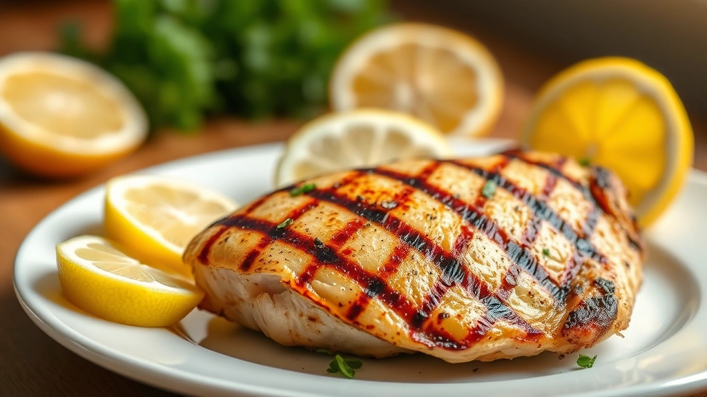 Professional food photographer capturing perfectly grilled chicken breast on white plate with fresh lemon wedges and herbs, bright natural lighting, shallow depth of field, vibrant colors emphasizing the golden-brown grill marks and juicy texture, no text or labels visible
