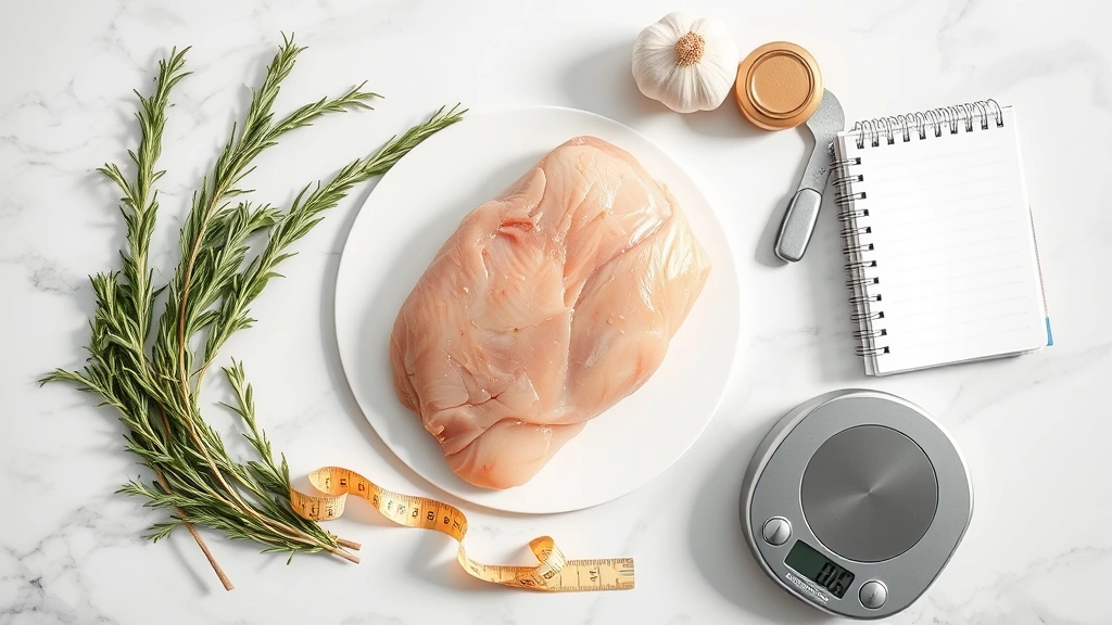 Overhead flat lay composition of grilled chicken components: raw chicken breast, fresh rosemary sprigs, garlic cloves, measuring tape, nutrition notebook, and food scale arranged artistically on marble countertop, natural window lighting, clean minimalist aesthetic, no visible text or screens