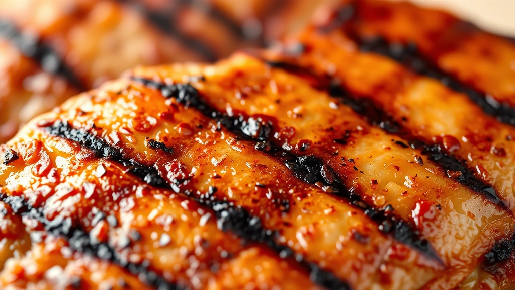 Close-up macro photography of grilled chicken surface showing caramelized texture from Maillard reaction, steam rising, grill marks prominent, shallow focus highlighting protein structure, warm professional lighting, food magazine quality, completely text-free composition