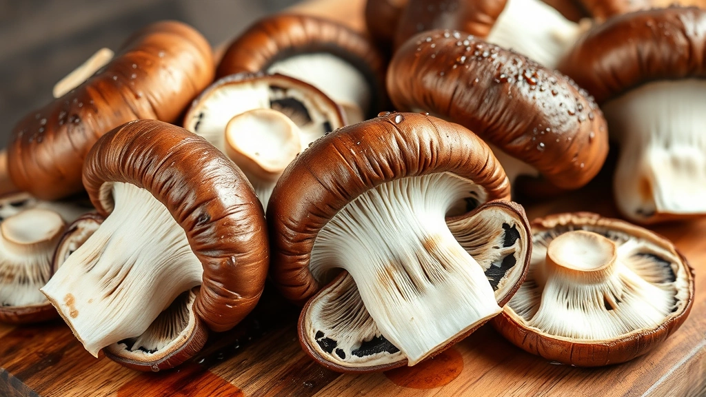 Close-up photograph of fresh portabella mushrooms displayed on a rustic wooden cutting board with water droplets, showing the rich brown caps and white undersides in natural daylight, emphasizing texture and freshness without any text or labels visible