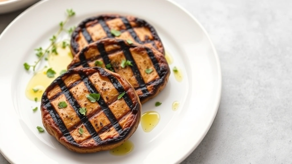 Professional food photography of grilled portabella mushroom steaks on a white ceramic plate with fresh herbs and olive oil drizzle, showing caramelized edges and nutritious preparation method, natural studio lighting with soft shadows, no text elements