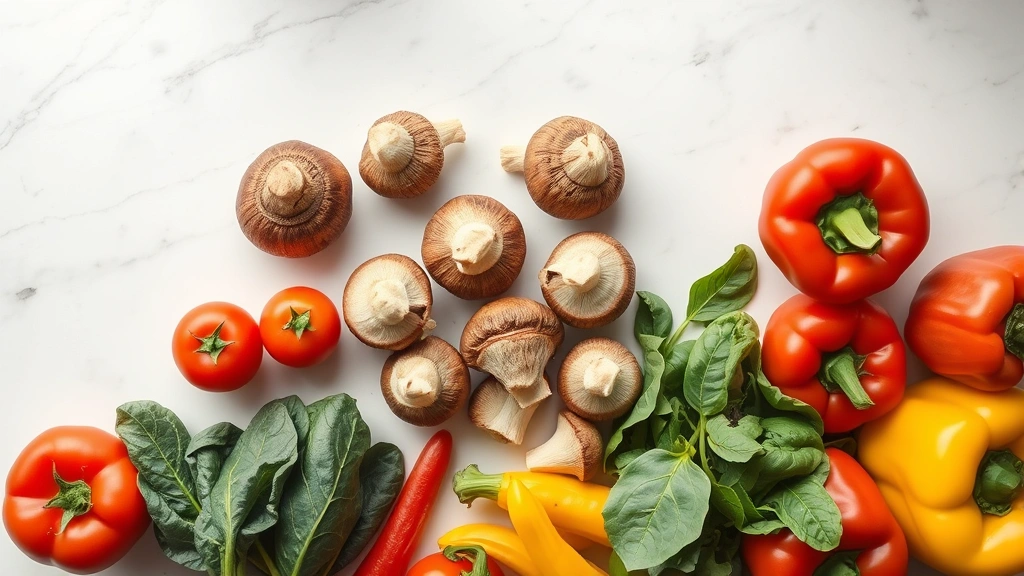 Overhead flat lay composition featuring raw portabella mushrooms alongside colorful vegetables like tomatoes, spinach, and bell peppers on a marble countertop, representing balanced nutrition and meal preparation, bright natural window lighting with no visible text or labels