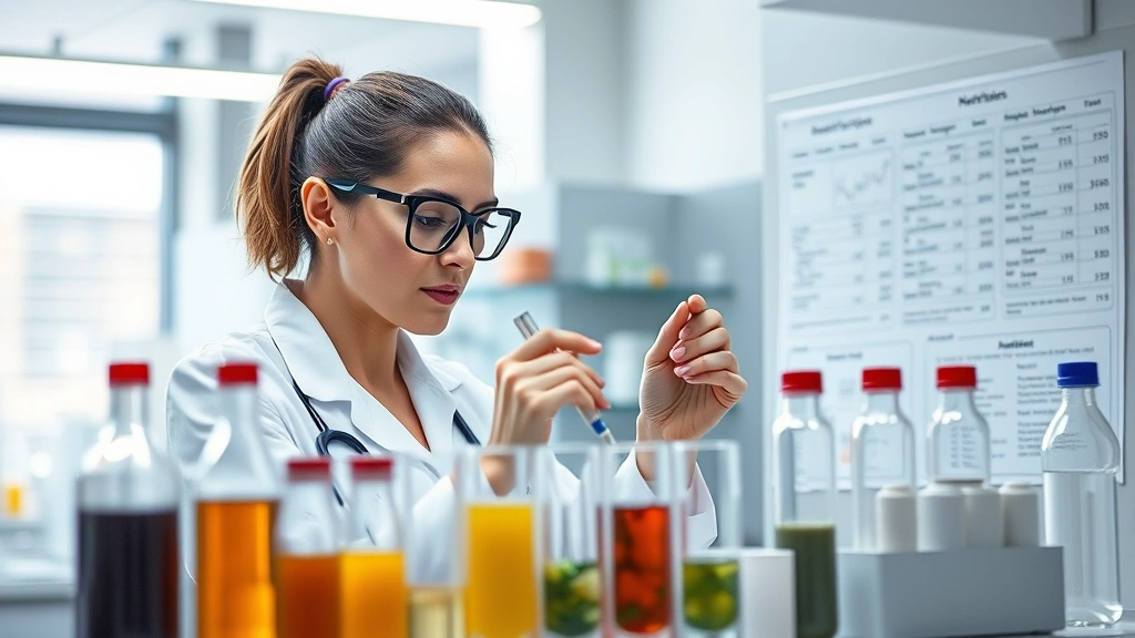 Professional dietitian analyzing beverage ingredients in modern laboratory setting with test tubes and nutritional charts visible, bright clinical lighting, photorealistic