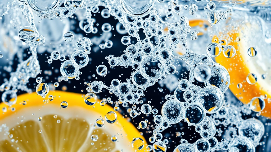 Close-up of carbonated water bubbles rising through clear liquid with citrus elements, macro photography style, scientific visualization of beverage composition