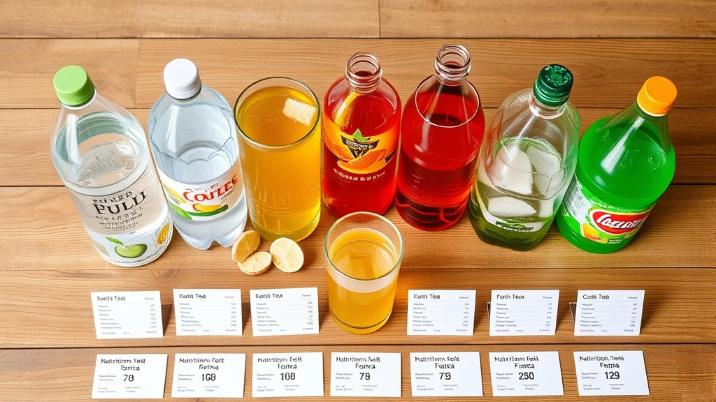 Comparison display showing various beverage options including water, tea, and carbonated drinks arranged on wooden surface with nutritional information cards, lifestyle photography