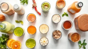 Diverse selection of nutritional beverages in clear glasses and bottles arranged on a white marble surface, including protein shakes, electrolyte drinks, and smoothies with various colors from green to chocolate brown, photographed from above with natural lighting