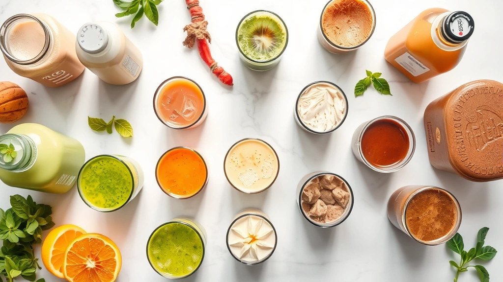 Diverse selection of nutritional beverages in clear glasses and bottles arranged on a white marble surface, including protein shakes, electrolyte drinks, and smoothies with various colors from green to chocolate brown, photographed from above with natural lighting