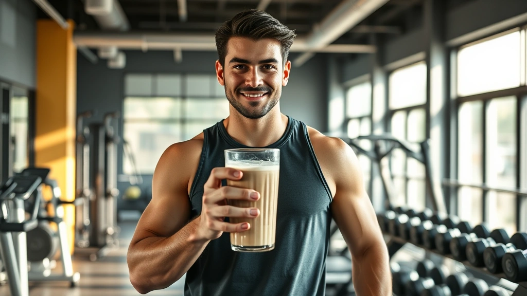 Fitness enthusiast holding a protein shake glass in a modern gym environment, surrounded by dumbbells and exercise equipment, captured in natural daylight streaming through large windows, showing genuine moment of post-workout nutrition