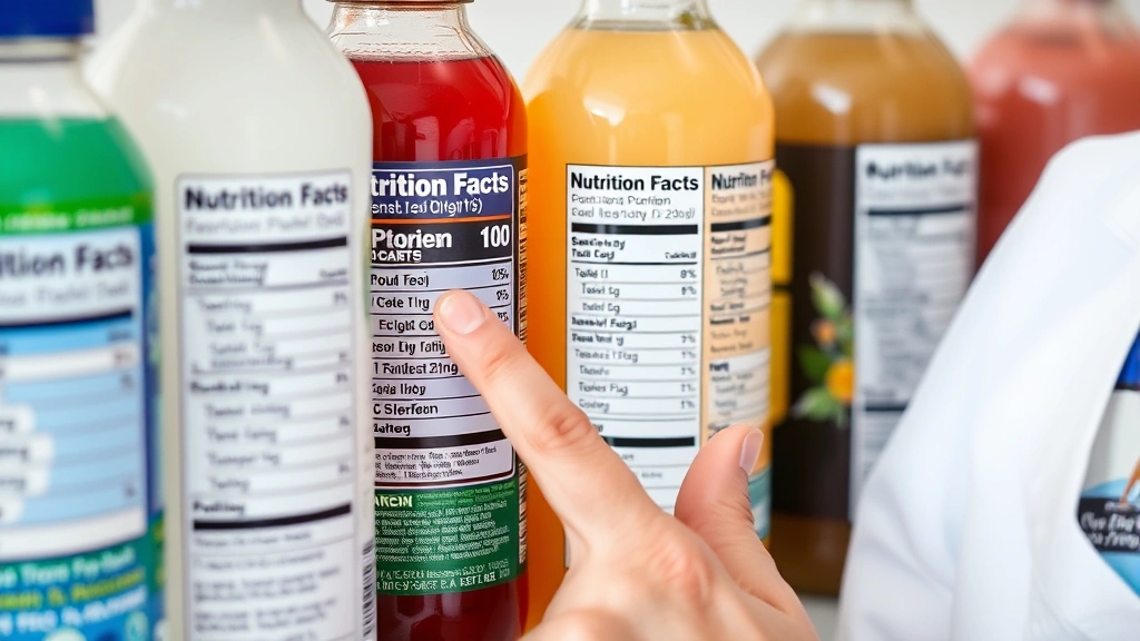 Close-up of nutrition facts labels on various beverage bottles with a dietitian's hand pointing to protein content and added sugar information, showing label comparison methodology in professional healthcare setting