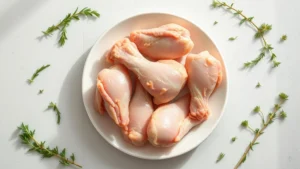 Overhead flat lay composition showing raw chicken wings on white ceramic plate, fresh herbs scattered around (rosemary, thyme), minimalist kitchen counter background, natural morning lighting, professional food photography style