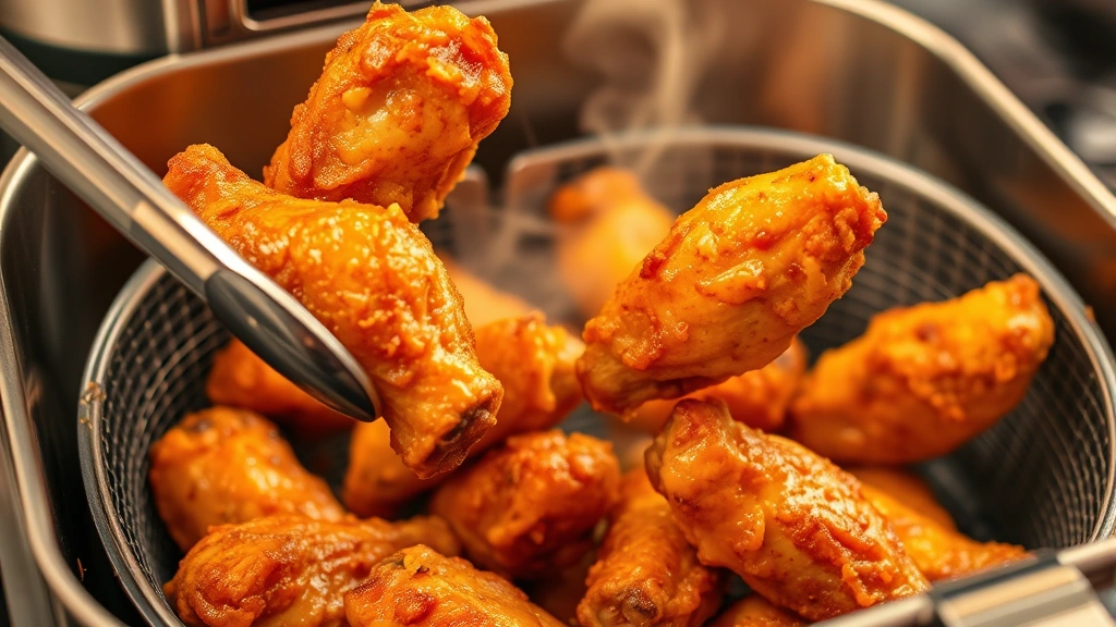 Dynamic action shot of golden-brown crispy chicken wings being removed from air fryer basket with tongs, steam rising, stainless steel kitchen appliance visible, warm lighting emphasizing texture and crispiness